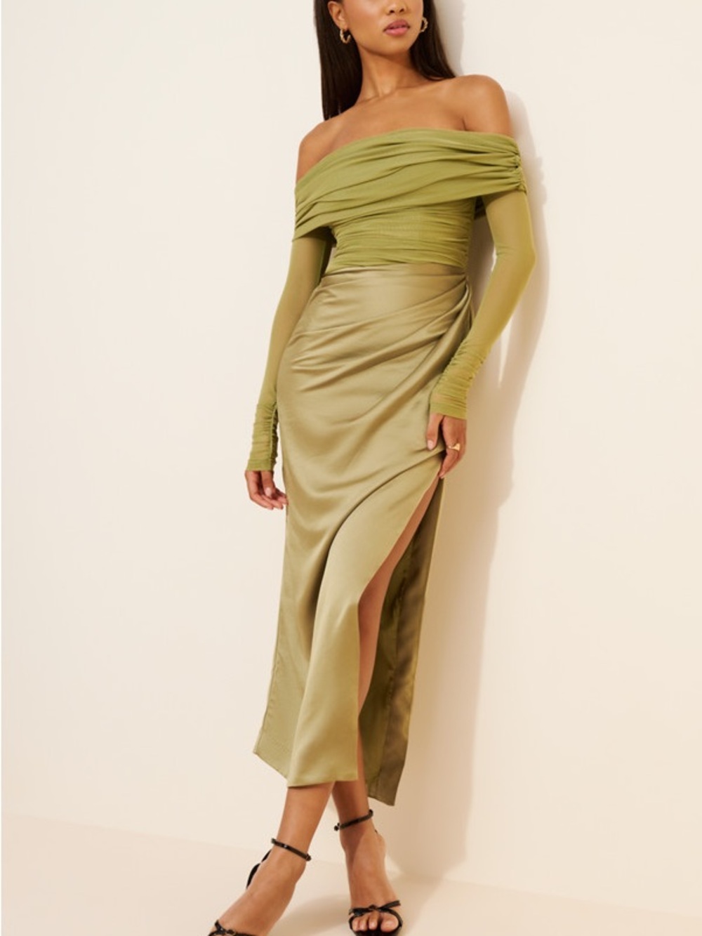 BHLDN Olive Off-Shoulder Long-Sleeve Mesh Midi Dress With Side Slit